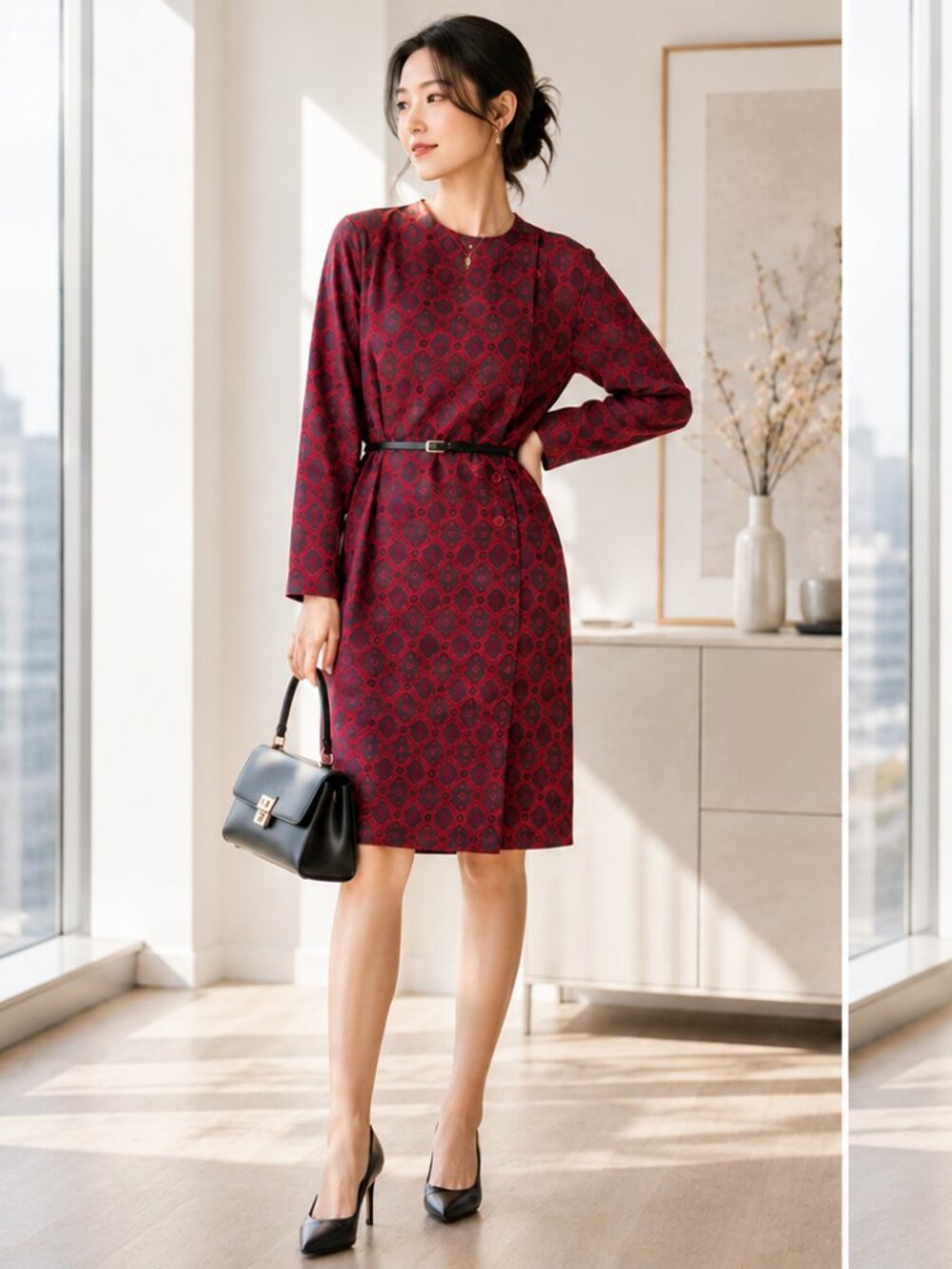 Vintage Liz Claiborne 100% Silk Faux Wrap Button Midi Dress Size 6 Made in Korea